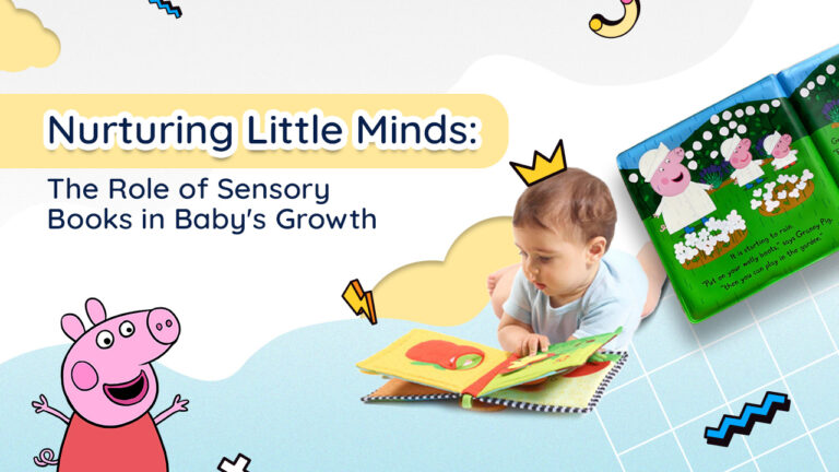 A baby Interacting with Sensory Books with the title of the blog written on the left side: Nurturing Little Minds, The Role of Sensory Books in Baby's Growth