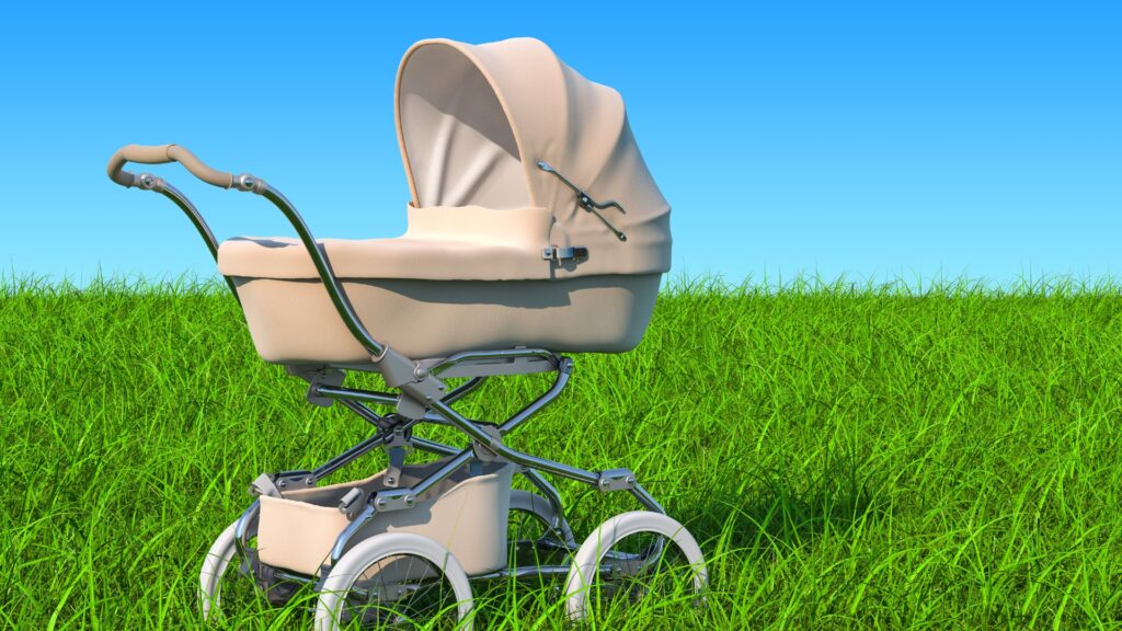 Baby Pram in a lush green field