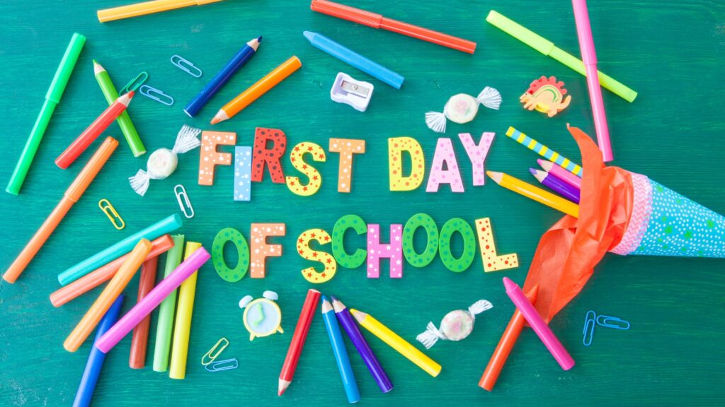 First day of preschool with colour pencils around the text